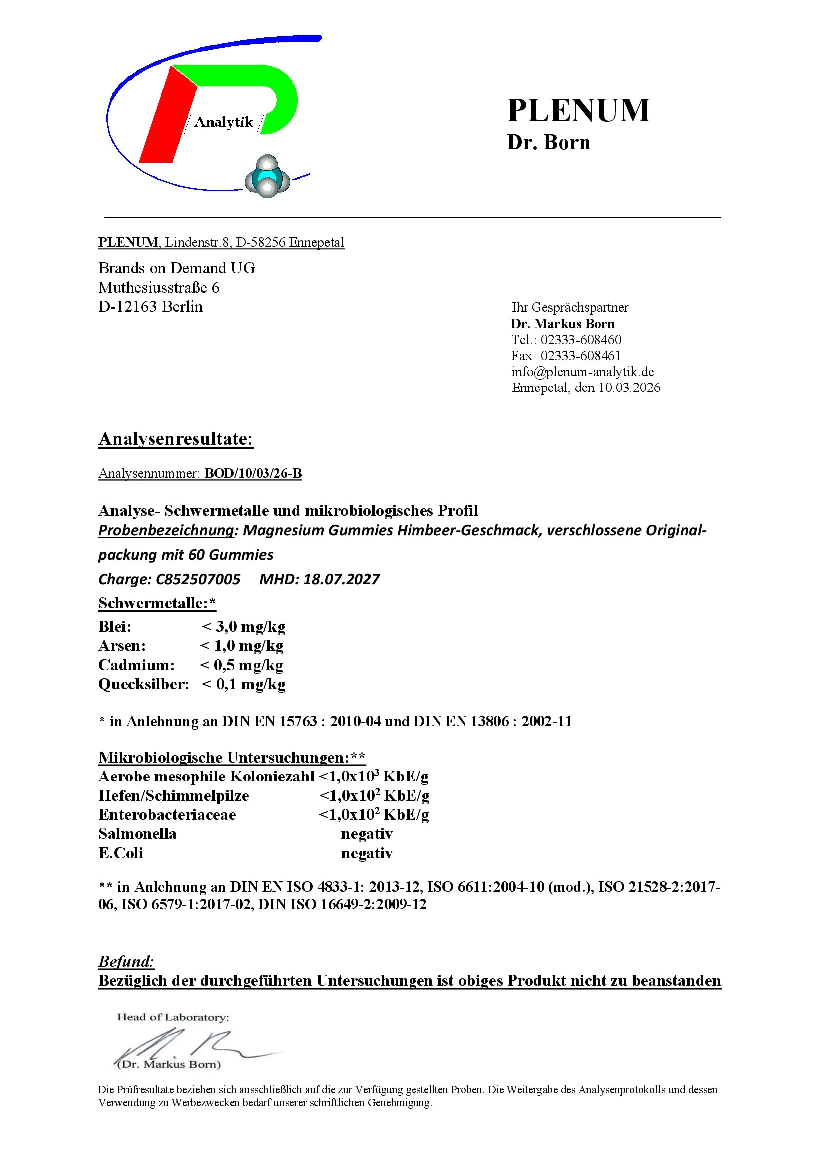 Laborbericht zu NOVERAH Magnesium Zink B6 Gummies vegan zuckerfrei mit unabhaengig gepruefter Qualitaet und Analysewerten