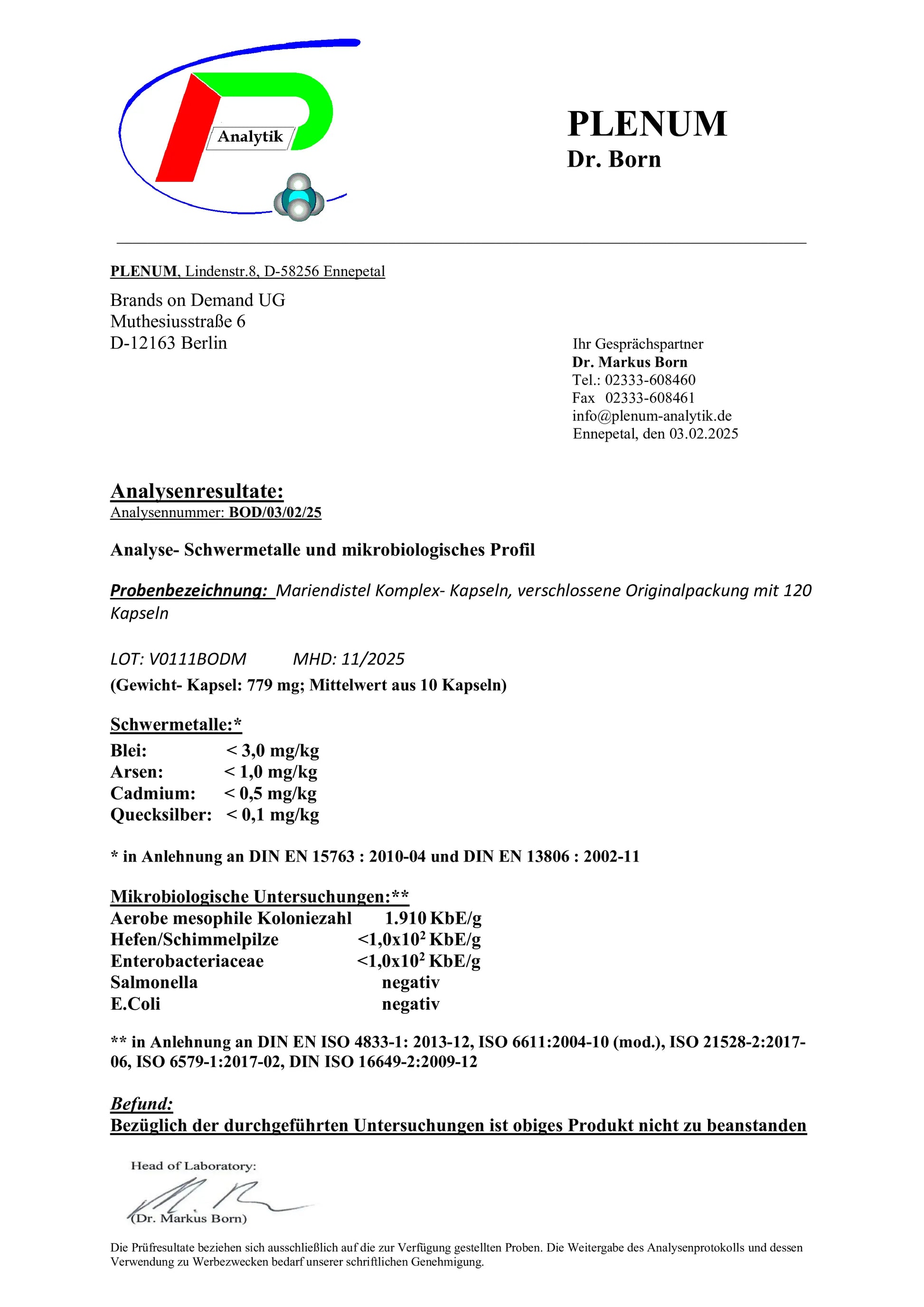 Laborbericht zu NOVERAH Mariendistel Artischocke Loewenzahn Kapseln mit unabhaengig gepruefter Qualitaet und Analysewerten