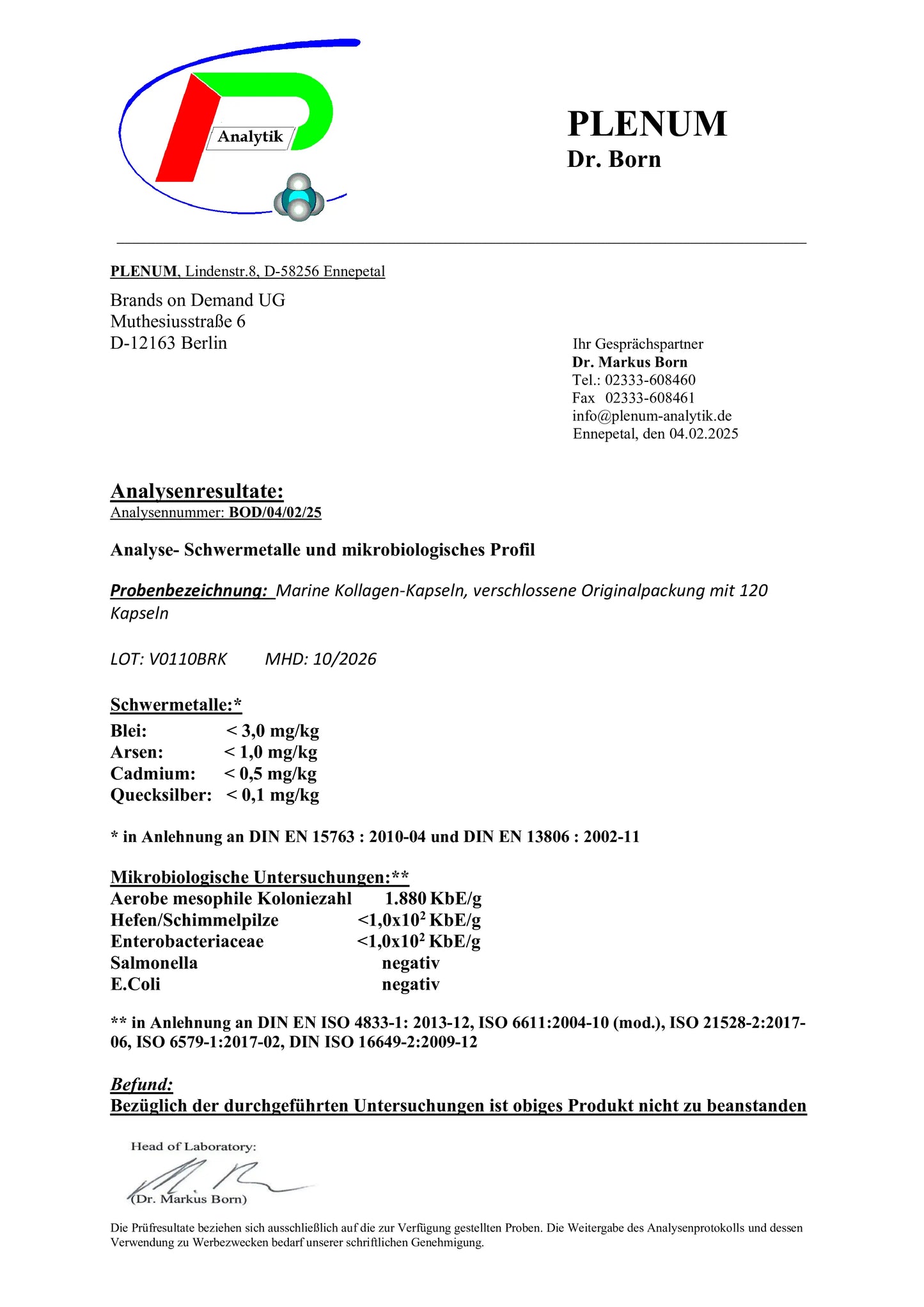 Laborbericht zu NOVERAH Marine Kollagen Peptide Kapseln 1560 mg mit unabhaengig gepruefter Qualitaet und Analysewerten – NOVERAH