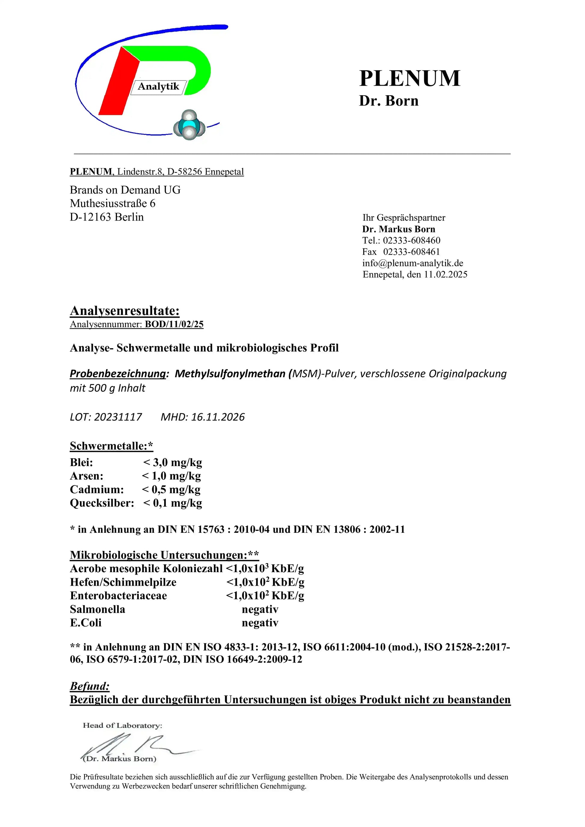 Laborbericht zu NOVERAH MSM Pulver 500 g Organischer Schwefel mit unabhaengig gepruefter Qualitaet und Analysewerten
