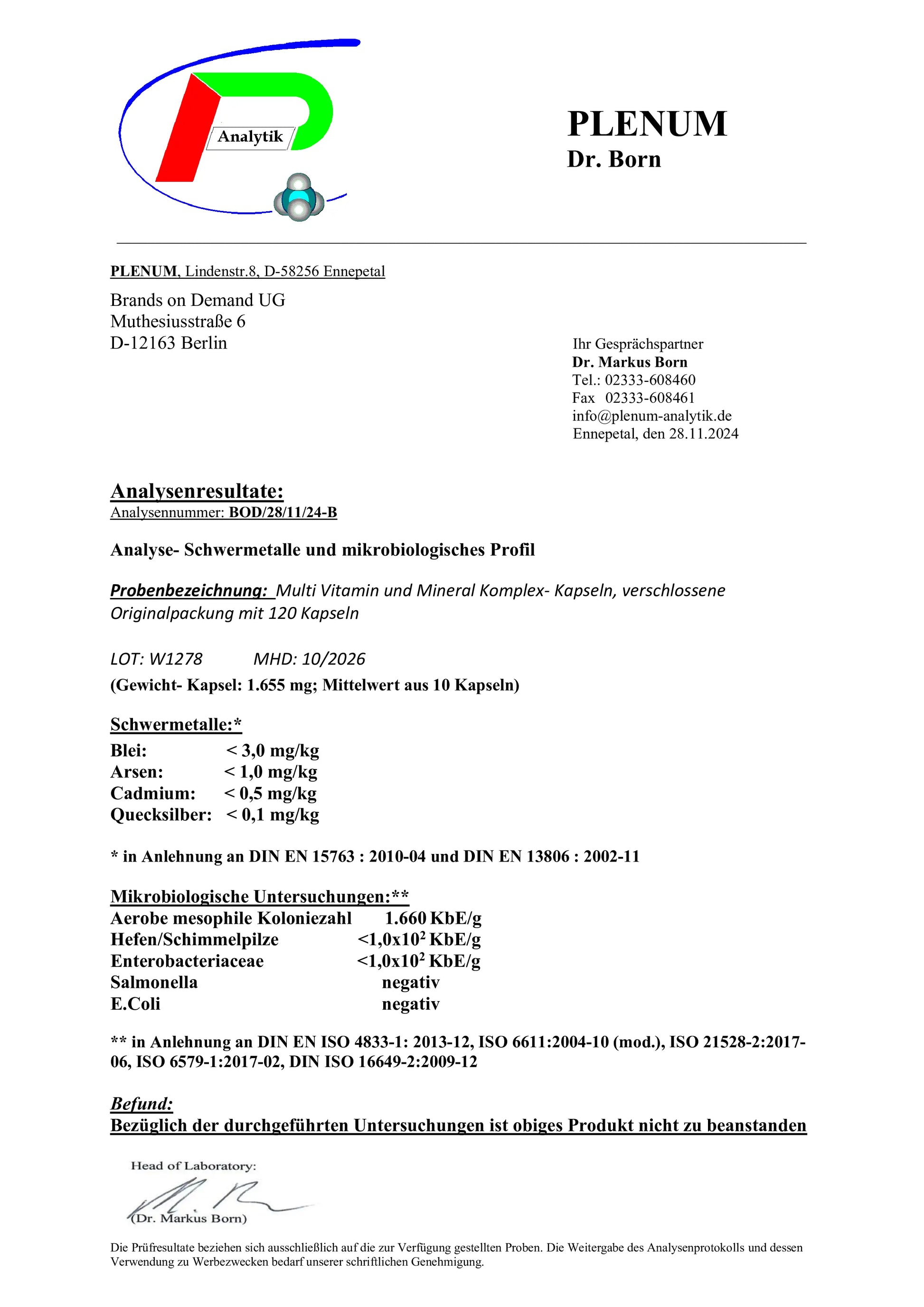 Laborbericht zu NOVERAH Multivitamin Mineral Komplex Kapseln mit unabhaengig gepruefter Qualitaet und Analysewerten