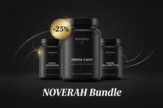 NOVERAH Bundle mit Omega 3 Max 6fach Magnesium und Marine Kollagen Peptid Dosen und einem 25 prozent Rabatt Badge auf dunklem hintergrund

