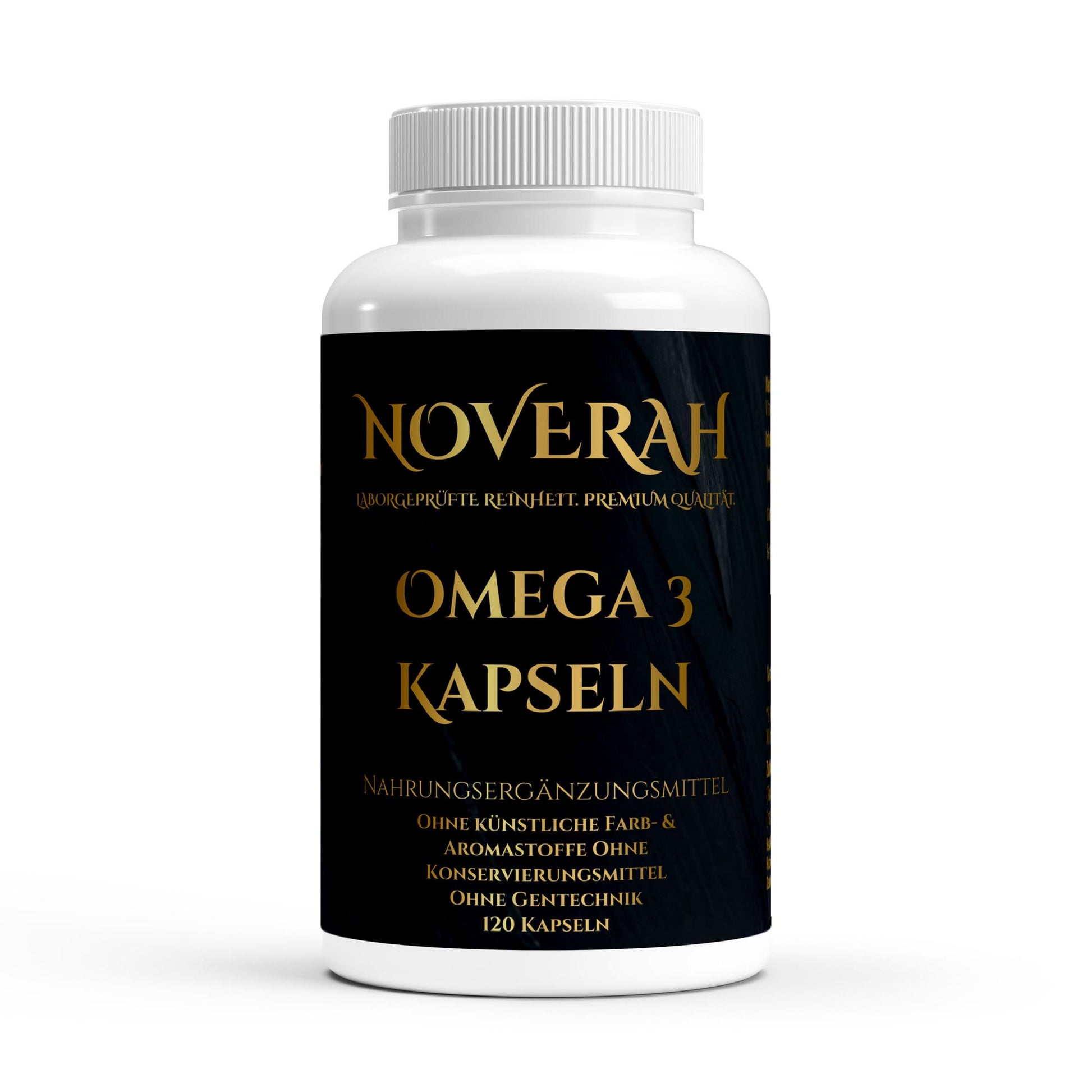 Vorderansicht der NOVERAH Omega 3 Fischoel Triglyceride EPA DHA Halal Dose mit Etikett und Verpackungsdesign