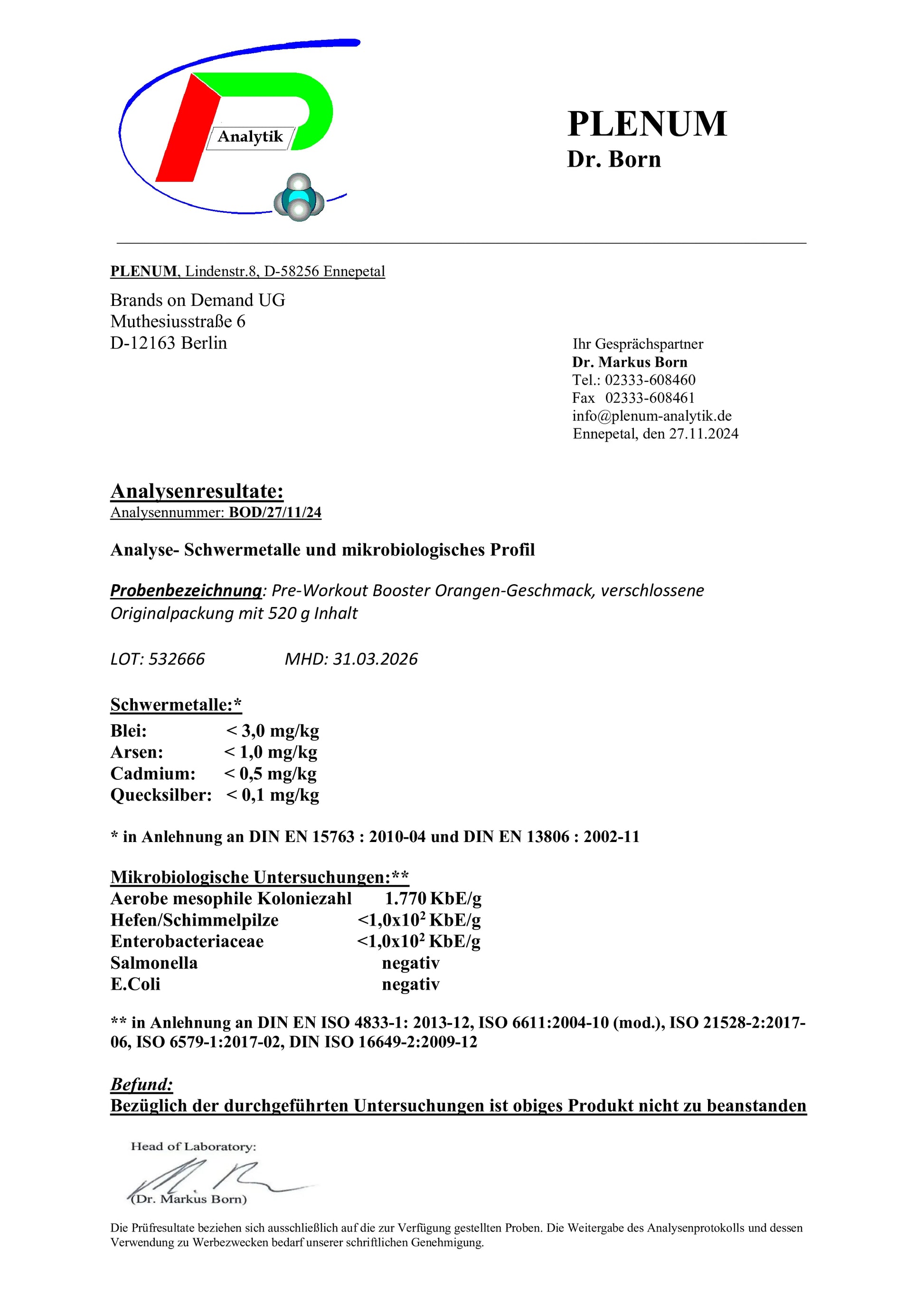 Laborbericht zu NOVERAH Pre Workout Booster 520g mit unabhaengig gepruefter Qualitaet und Analysewerten