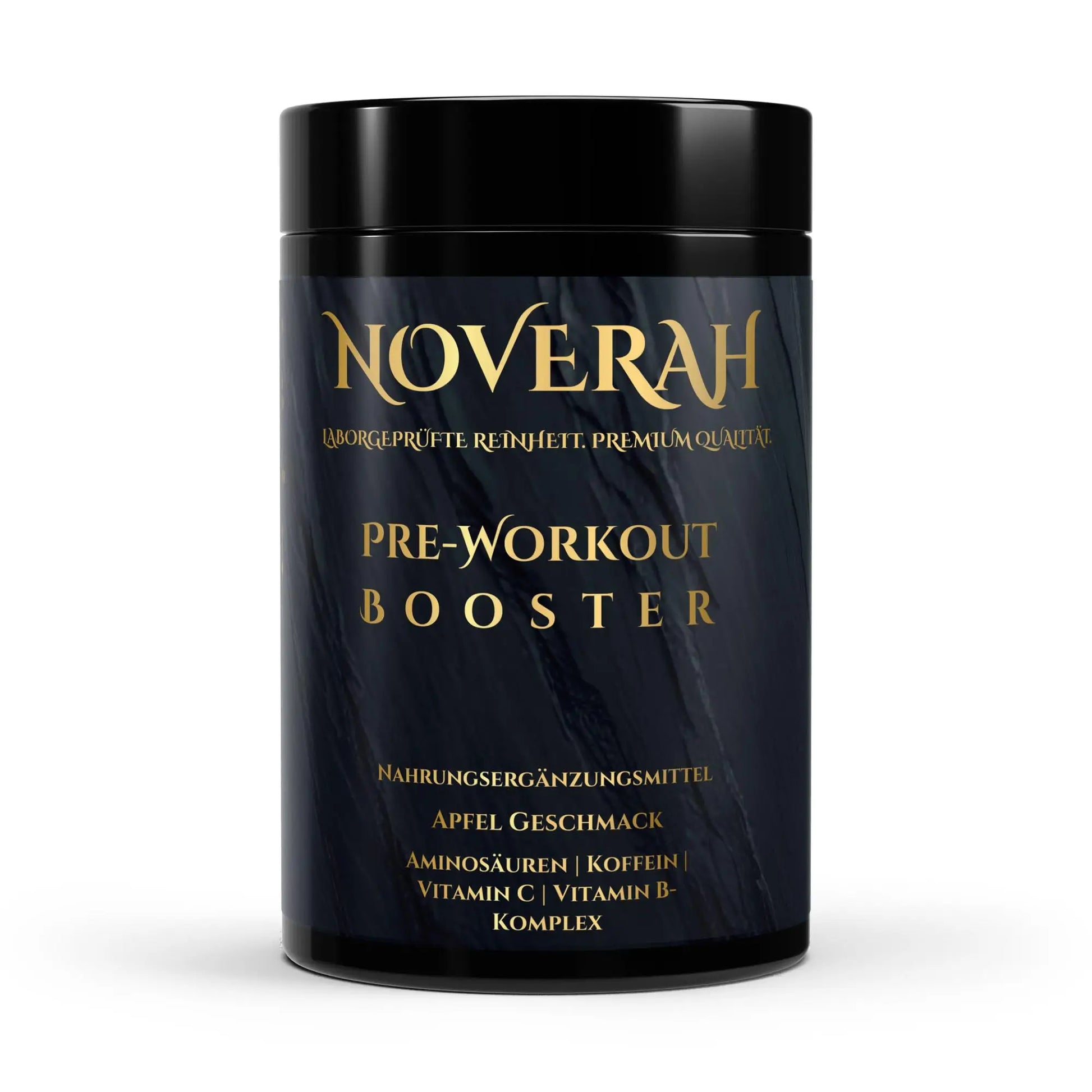 Vorderansicht der NOVERAH Pre Workout Booster Apfel 520g Dose mit Etikett und Verpackungsdesign