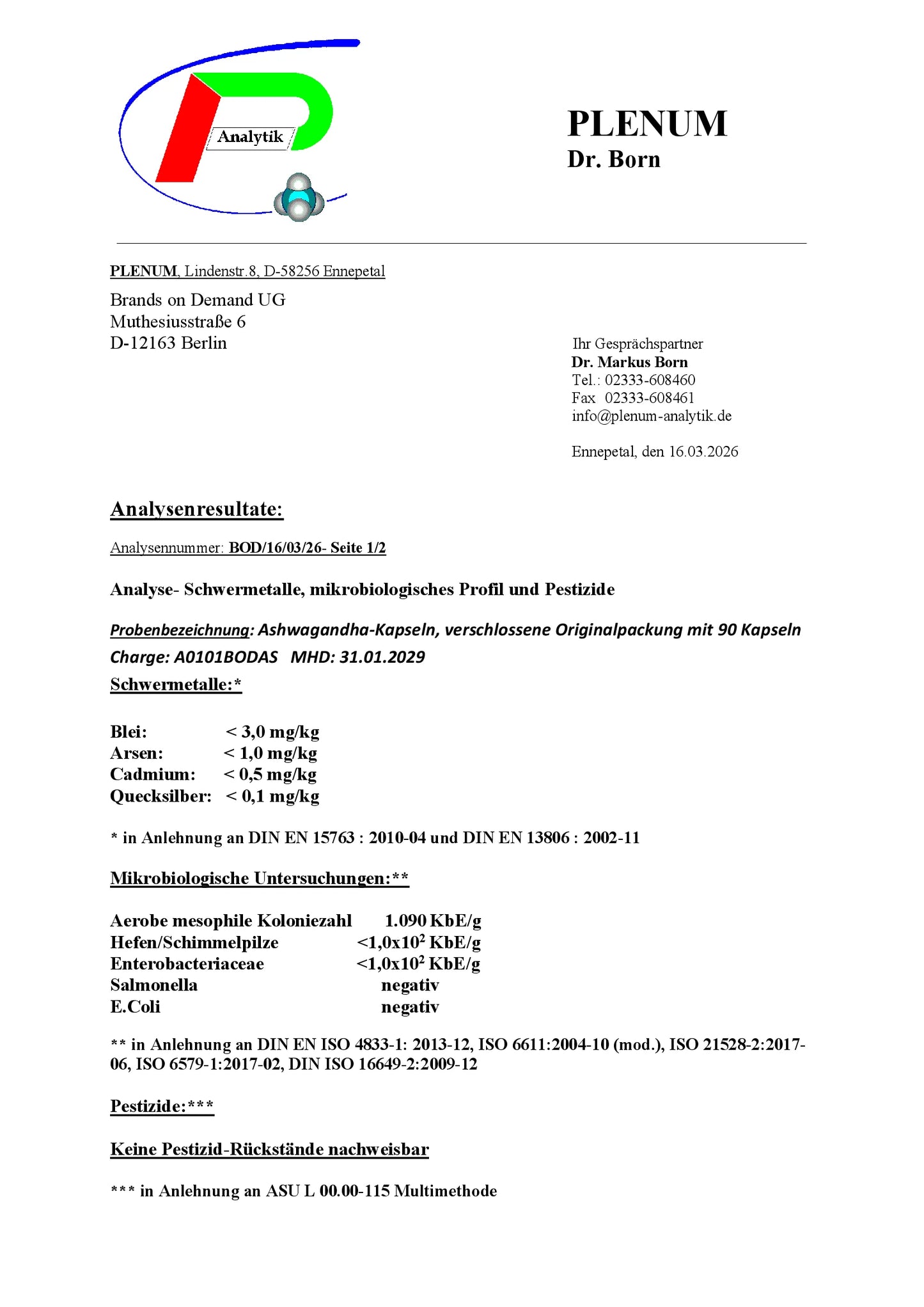 Laborbericht zu NOVERAH Shilajit Kapseln 20 Prozent Fulvinsaeure mit unabhaengig gepruefter Qualitaet und Analysewerten – NOVERAH
