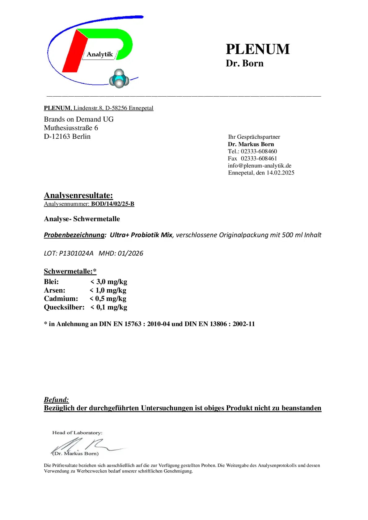 Laborbericht zu NOVERAH Vita Balance PLUS+ Bakterienkulturen Liquid mit unabhaengig gepruefter Qualitaet und Analysewerten – NOVERAH