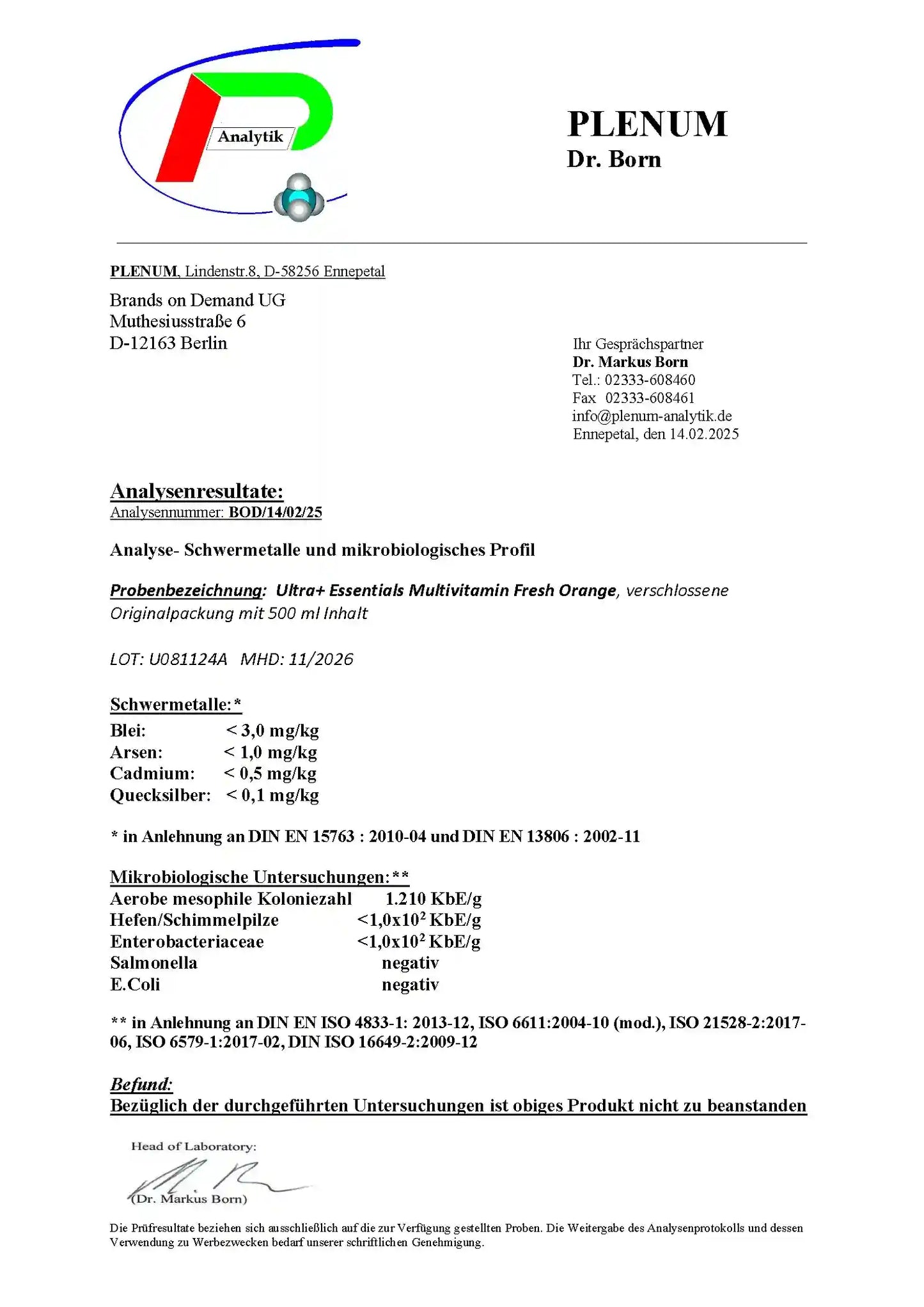 Laborbericht zu NOVERAH Vita Complete Plus Liquid Multivitamin Orange 500 ml mit unabhaengig gepruefter Qualitaet und Analysewerten – NOVERAH