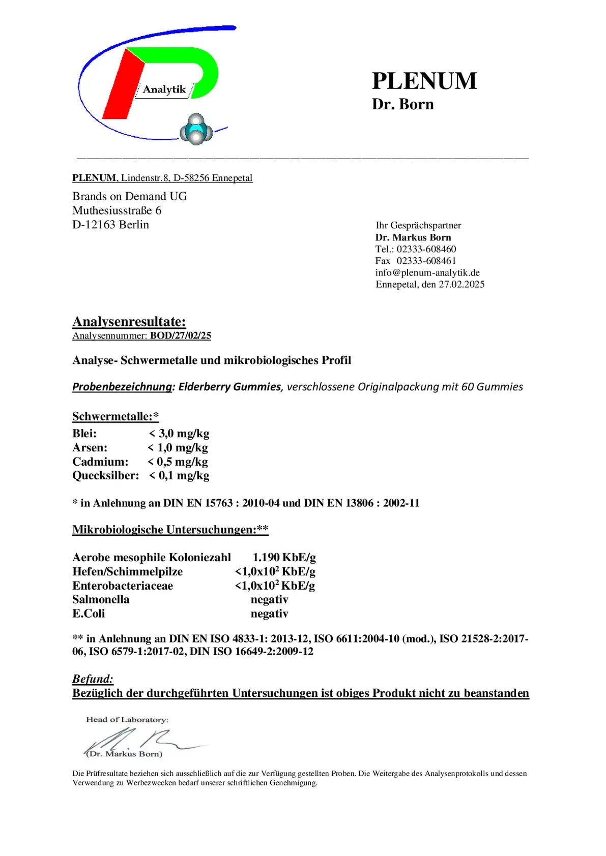 Laborbericht zu NOVERAH Whey Protein Pulver Premium 1kg mit unabhaengig gepruefter Qualitaet und Analysewerten