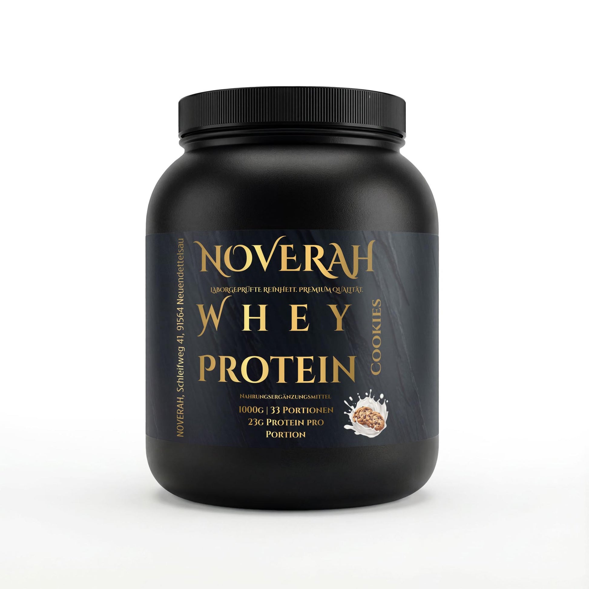 Vorderansicht der NOVERAH Whey Protein Pulver Premium Cookie 1kg Dose mit Etikett und Verpackungsdesign