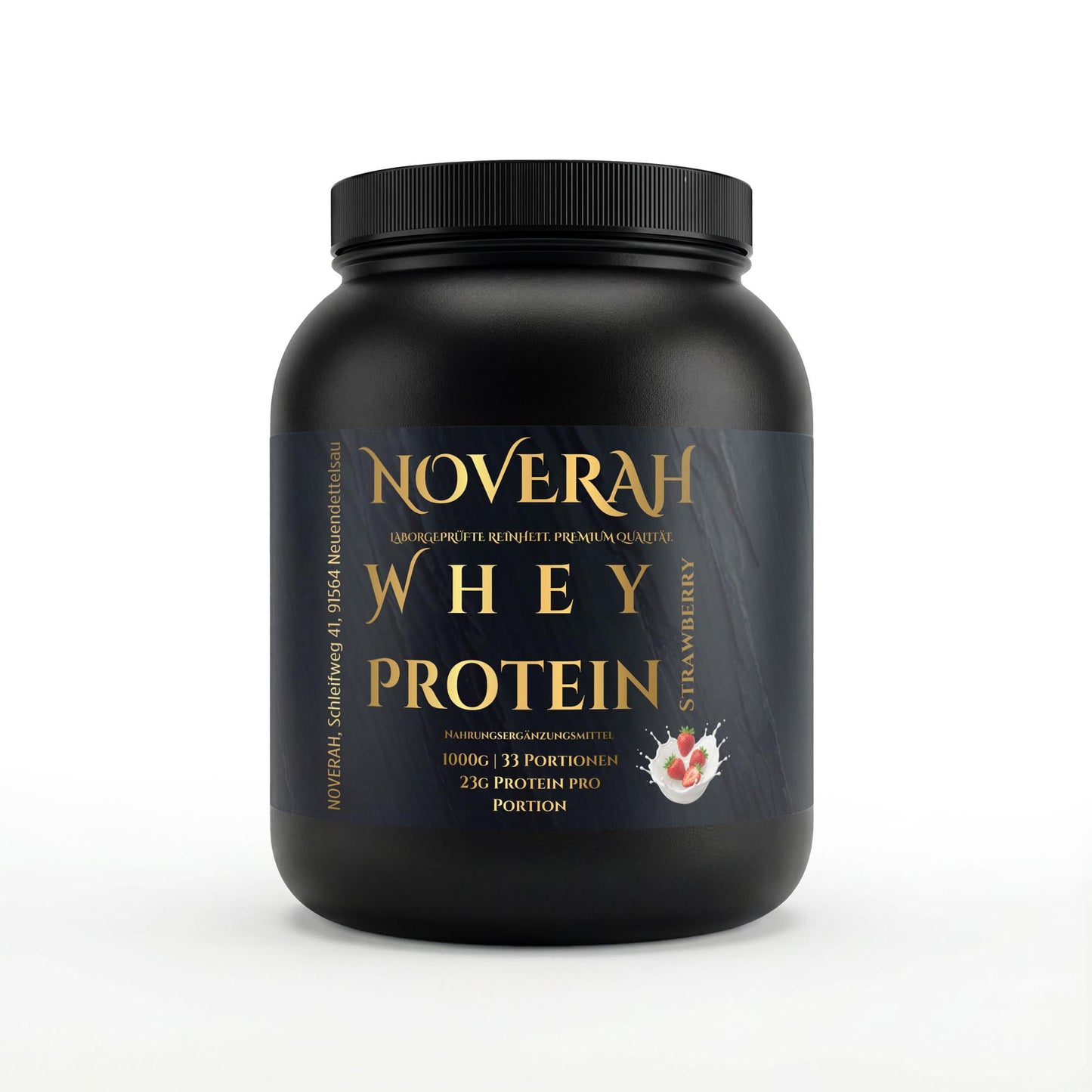Vorderansicht der NOVERAH Whey Protein Pulver Premium Erdbeere 1kg Dose mit Etikett und Verpackungsdesign – NOVERAH