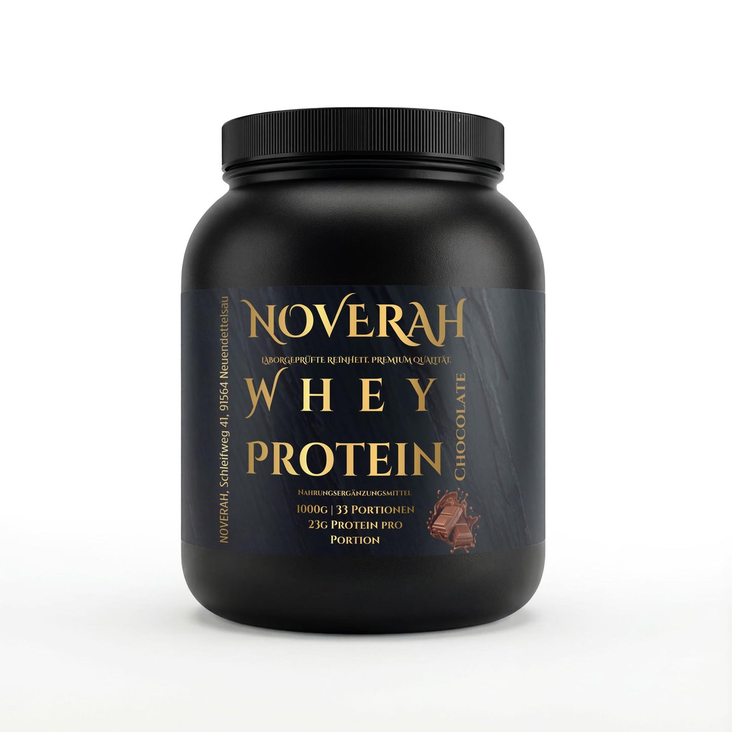 Vorderansicht der NOVERAH Whey Protein Pulver Premium Schokolade 1kg Dose mit Etikett und Verpackungsdesign – NOVERAH