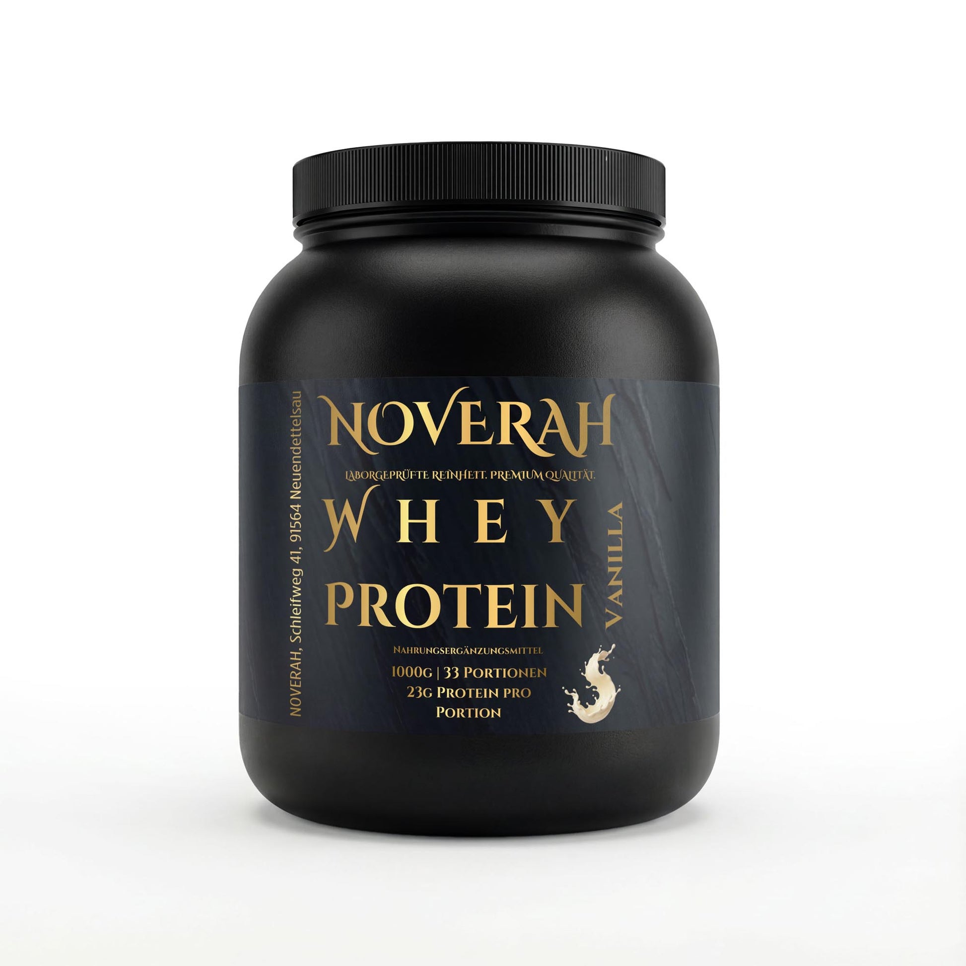 Vorderansicht der NOVERAH Whey Protein Pulver Premium Vanille 1kg Dose mit Etikett und Verpackungsdesign
